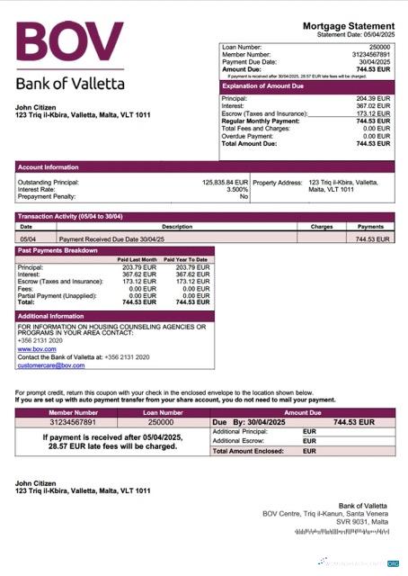 Download Malta Bank of Valletta mortgage statement Word and PDF template Photoshop template